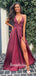 Simple V-neck A-line Satin Side Slit Cheap Long Prom Dresses,RBPD0133