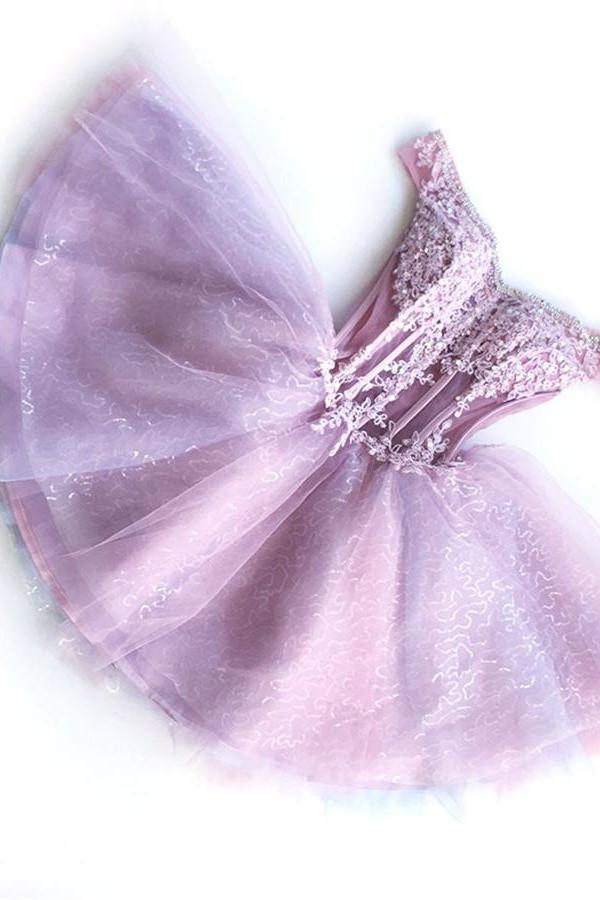 Charming A-line Off-shoulder Lace Appliques Short Homecoming Dresses For Teens, HD0372