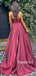 Simple V-neck A-line Satin Side Slit Cheap Long Prom Dresses,RBPD0133