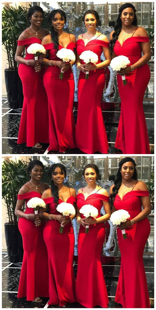 Mermaid Off-the-Shoulder Sleeveless Floor-Length Modern Red Bridesmaid Dress, BD0487
