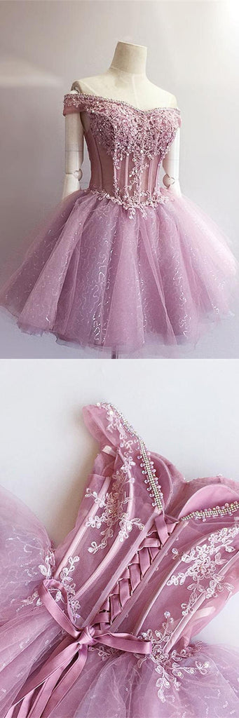 Charming A-line Off-shoulder Lace Appliques Short Homecoming Dresses For Teens, HD0372