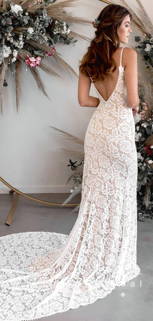 Mermaid V-Neck Spaghetti Straps Lace Long Wedding Dresses,RBWD0014