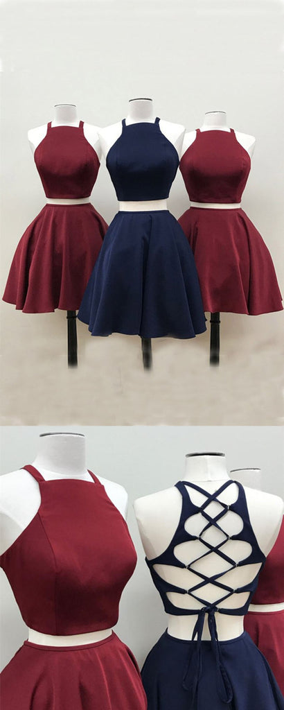 Sexy Two Pieces Halter Simple A-line Open-back Short Homecoming Dresses, HD0373