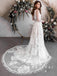 A-Line Round Neck Lace Long Sleeves Beach Wedding Dresses,RBWD0015
