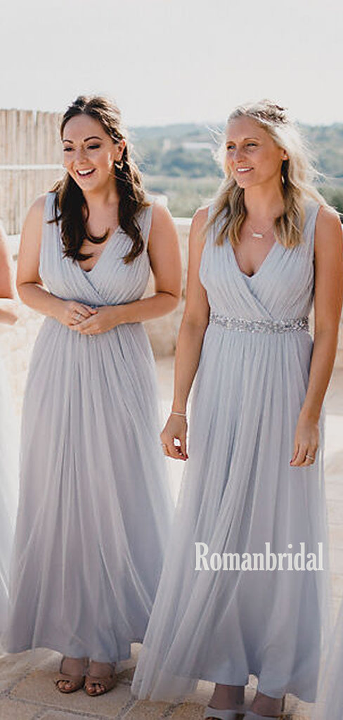 Simple V-neck Tulle A-line Long Bridesmaid Dresses Online,RBWG0061