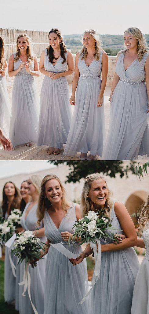 Simple V-neck Tulle A-line Long Bridesmaid Dresses Online,RBWG0061