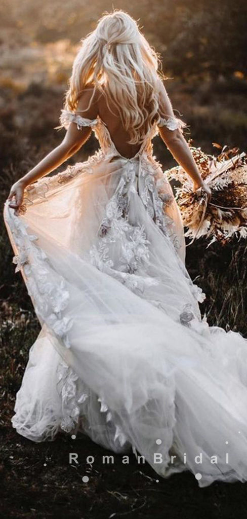 A-Line Off The Shoulder Lace Tulle Long Wedding Dresses,RBWD0018