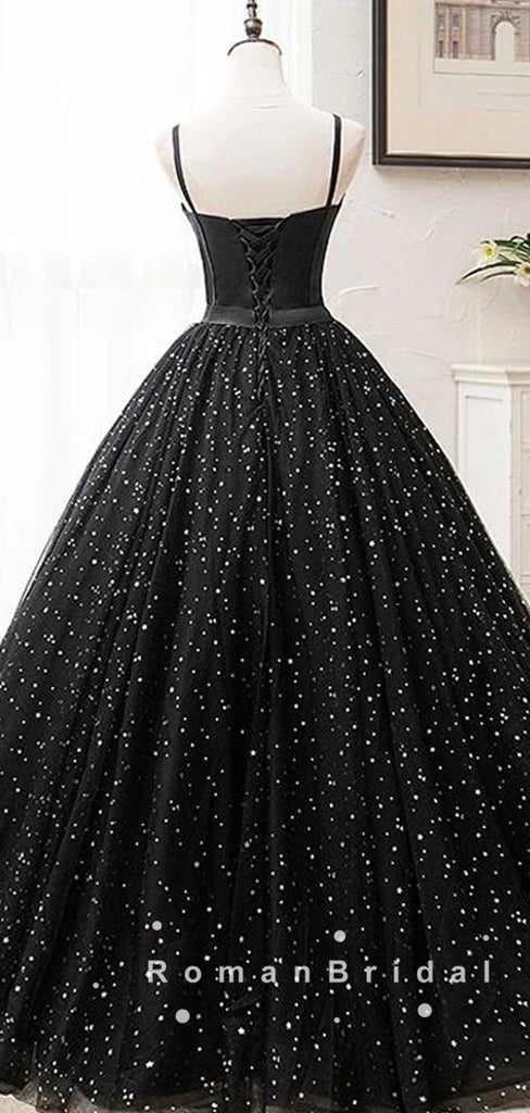A-Line Sweetheart Spaghetti Straps Black Tulle Long Prom Dresses With Beading,RBPD0018