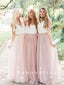 A-Line V-Neck Straps Two Piece Tulle Floor Length Bridesmaid Dresses,RBWG0018
