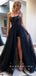 A-Line Spaghetti Straps Detachable Black Tulle Long Prom Dresses With Sequins,RBPD0019