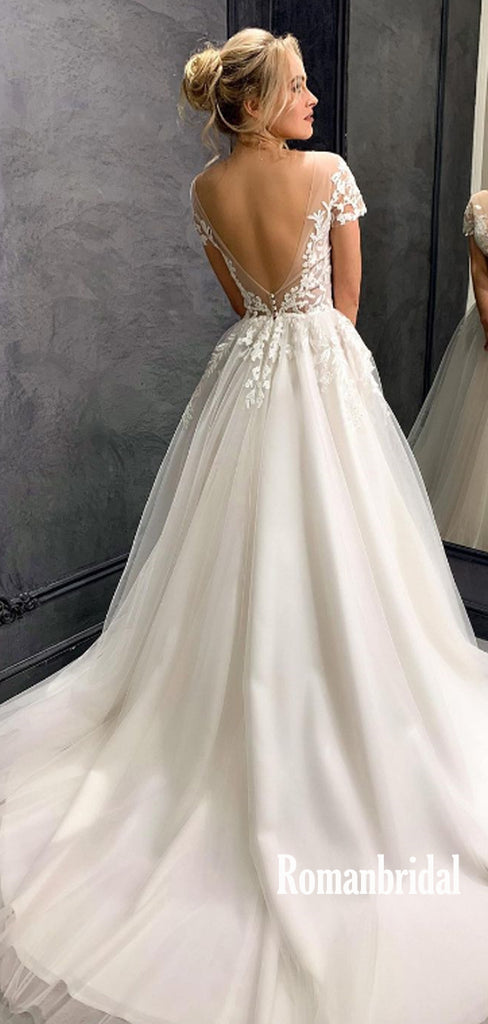 Elegant V-neck Tulle A-line Cheap Long Wedding Dresses Online,RBWD0029