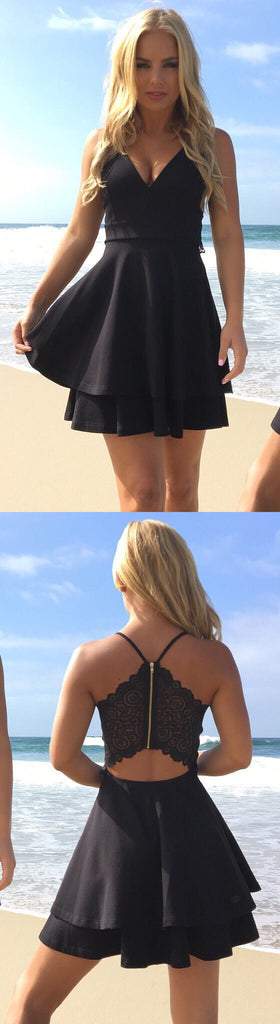 A-Line  Spaghetti Straps V-Neck Black Lace Back Simple Homecoming Dresses, HD0384