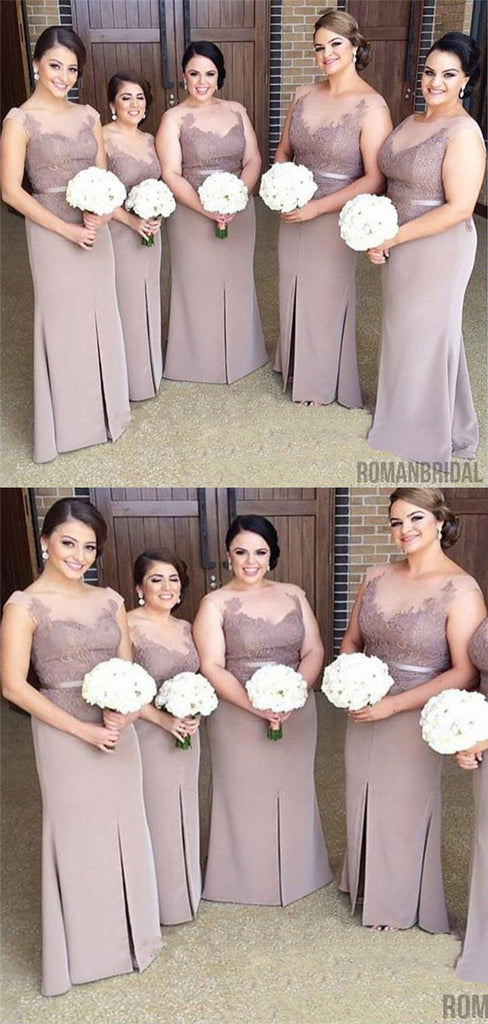 Brown Long Slit Mermaid Plus Size Lace Modest Bridesmaid Dresses,PD0256