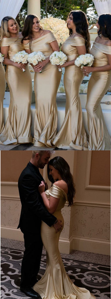 Mermaid Off-shoulder Gold Long Simple Bridesmaid Dress, BD0546