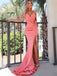 Spaghetti Straps V-neck Pleats Prom Dresses With Split, PD0761