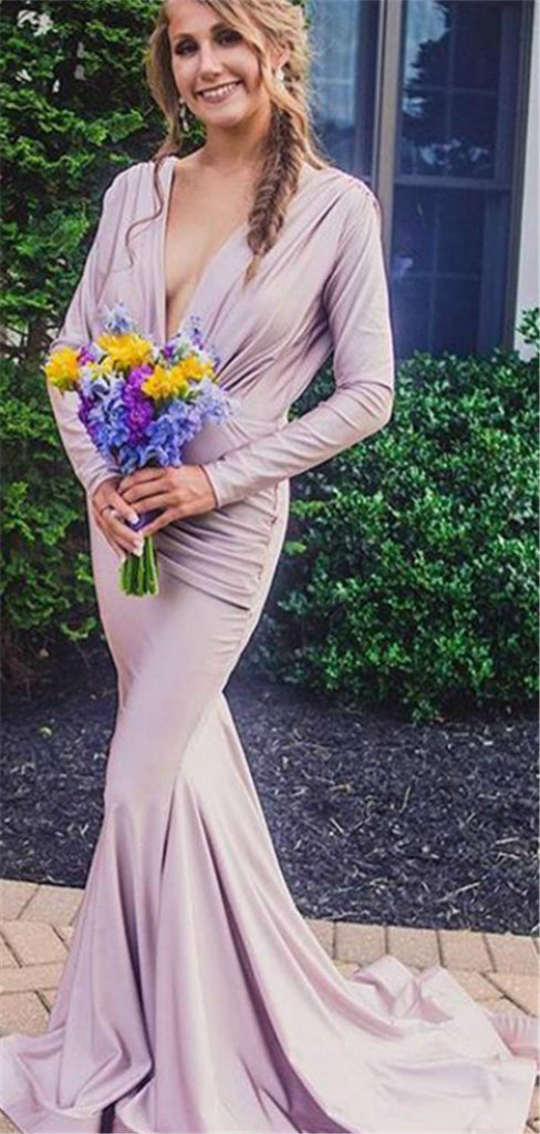 Mermaid Deep V-neck Long Sleeves Bridesmaid Dress With Pleats, BD0545