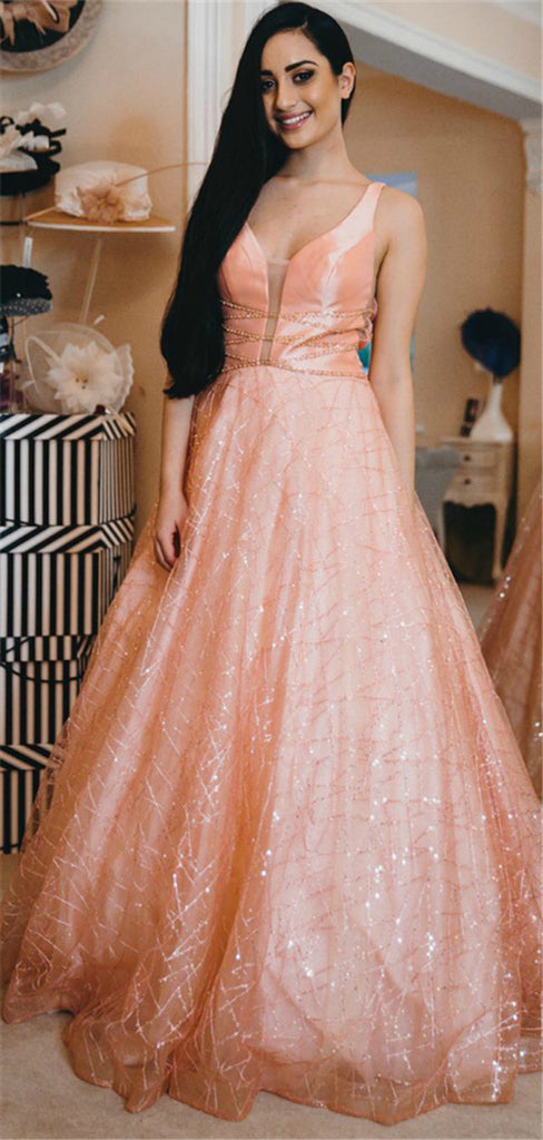 A-line Deep V-neck Long Tulle Sequins Backless Prom Dress PD0713