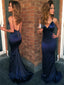 Spaghetti Straps Simple V-neck Navy Blue Prom Dresses, PD0757