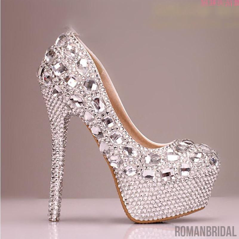 High Heels Handmade Fully Rhinestone Pointed Toe Crystal Wedding Shoes, S031