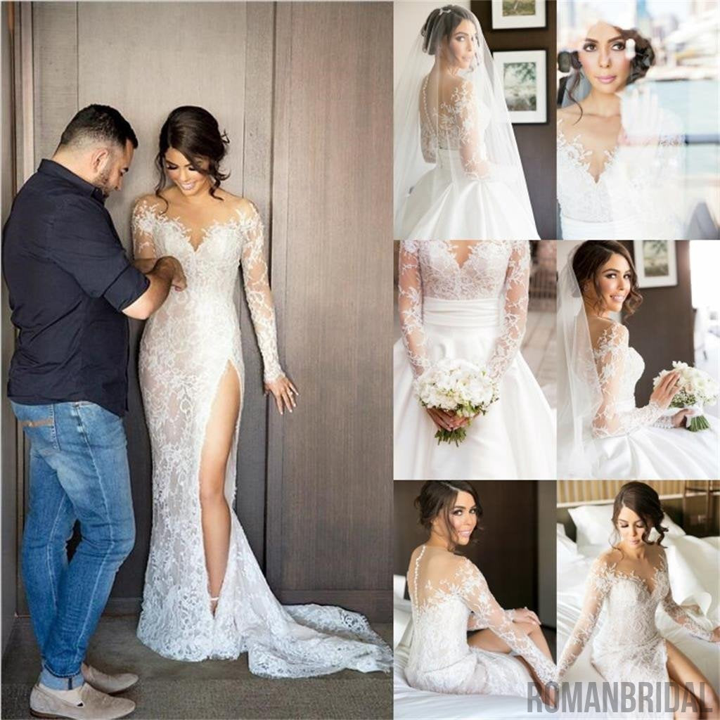 New Full Lace Split Wedding Dresses  with Detachable Satin Skirt , PD0223