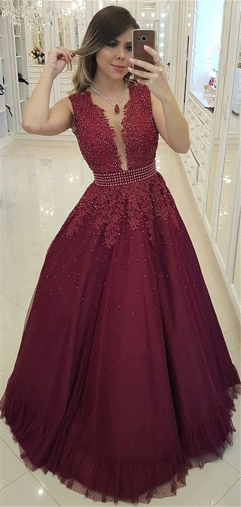 A-line Deep V-neck Sleeveless Appliques And Beading Long Prom Dresses, PD0768