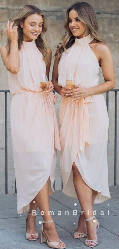 A-Line High Neck Sleeveless Side Slit Chiffon Tea Length Bridesmaid Dresses With Pleats,RBWG0002