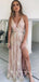A-Line Deep V-Neck Spaghetti Straps Split Side Long Prom Dresses With Lace,RBPD0002