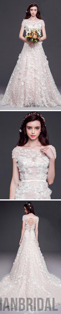 Long A-line Scoop Cap Sleeve Lace Wedding Dresses, Open Back Cheap Bridal Gown, WD0002