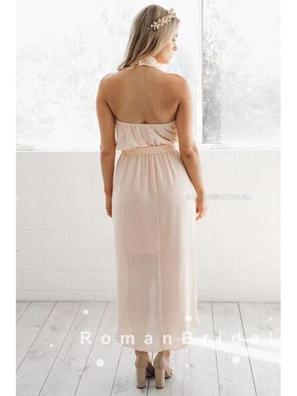 A-Line High Neck Sleeveless Side Slit Chiffon Tea Length Bridesmaid Dresses With Pleats,RBWG0002