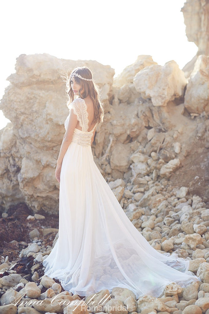 Charming A-line V-neck Sexy lace beading chiffon backless wedding dresses  , WD0336