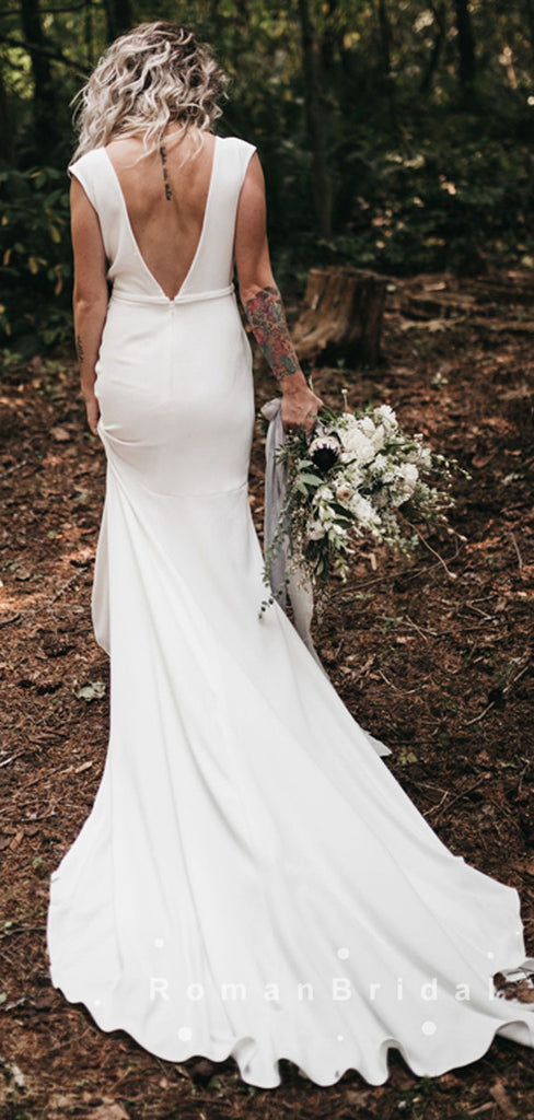 Sheath Deep V-Neck Sleeveless White Cheap Long Wedding Dresses Online,RBWD0020