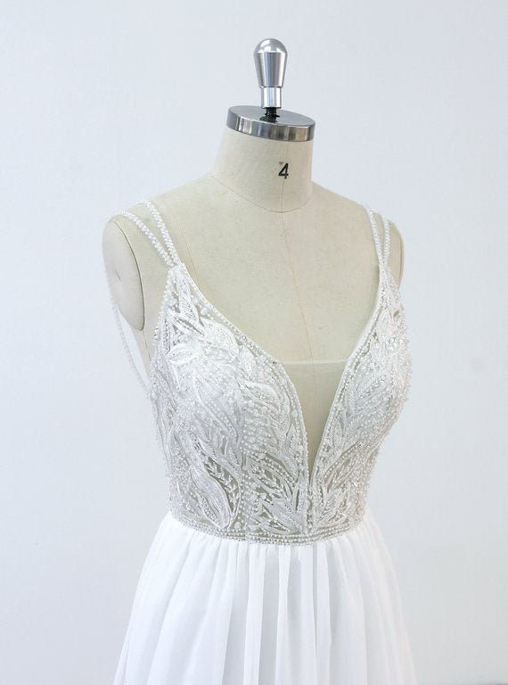 Deep V-neck Spaghetti Straps applique Backless chiffon Wedding Dresses with train, WD0366