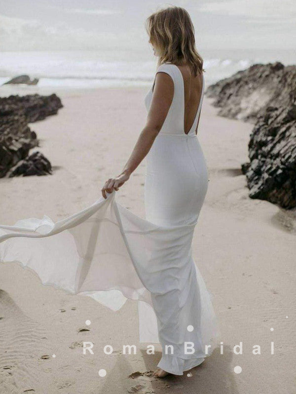 Sheath Deep V-Neck Sleeveless White Cheap Long Wedding Dresses Online,RBWD0020
