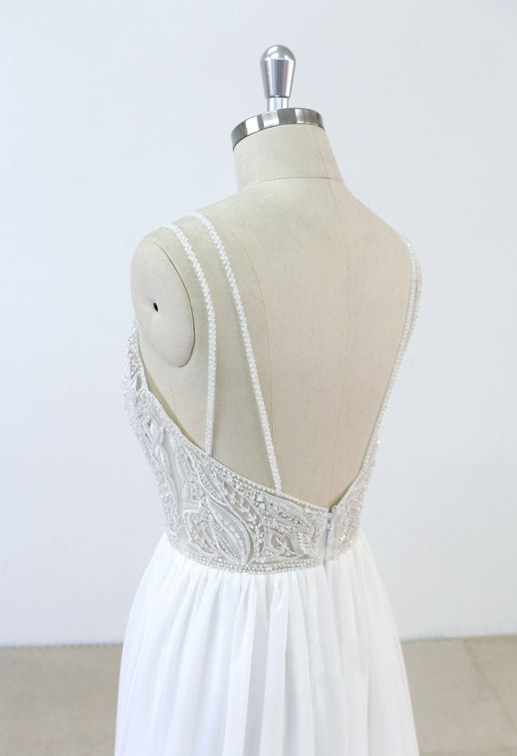 Deep V-neck Spaghetti Straps applique Backless chiffon Wedding Dresses with train, WD0366