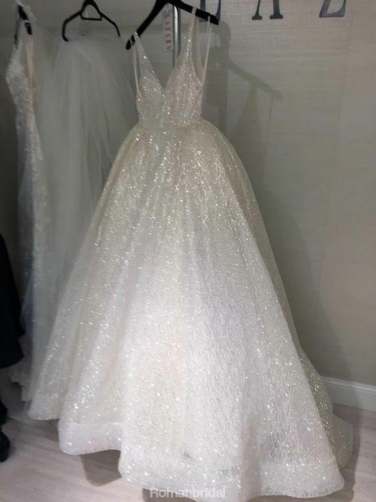 Sparkly Sequins A-Line V-back Popular Long Prom Dress, PD0616