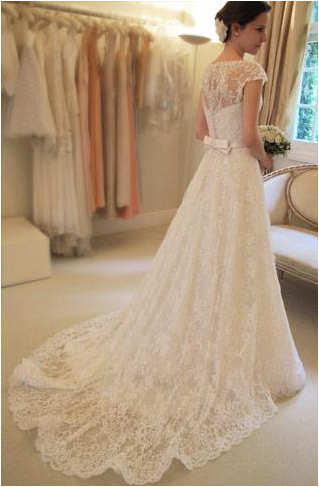 New Arrival Gorgeous Bateau Neck Cap Sleeve Lace Wedding Dresses with train, WD0346