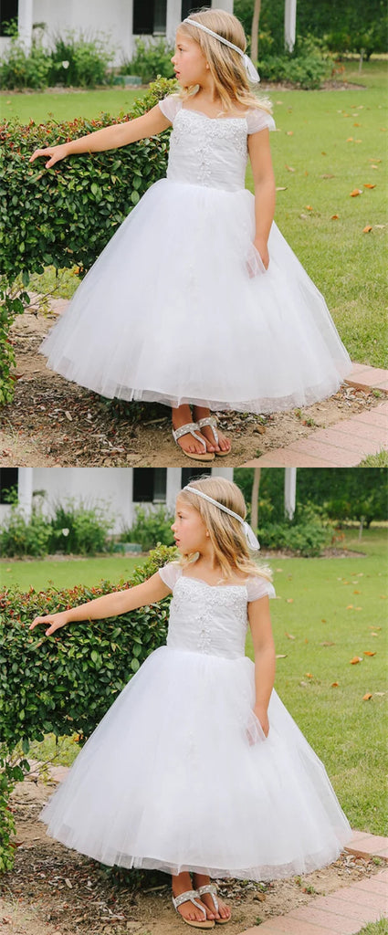 A-line Cap-sleeves Lace Appliques Ankle-length Flower Girl Dresses, FG0141
