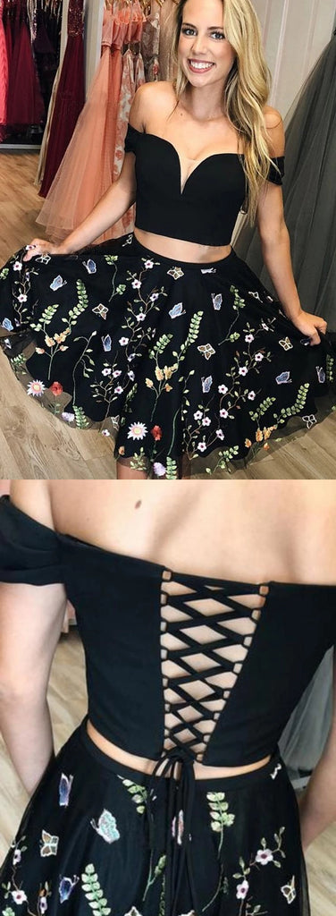 Off-shoulder V-neck Two-pieces Embroidered Homecoming Dresses, HD0535