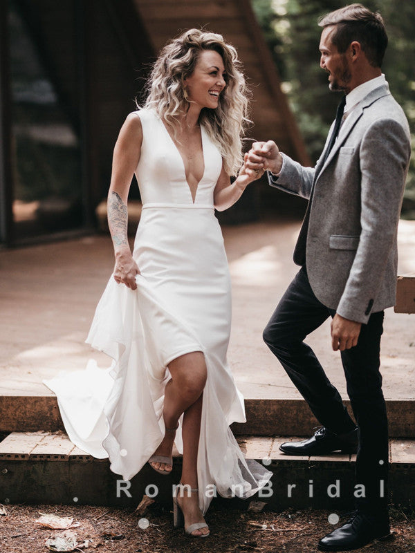 Sheath Deep V-Neck Sleeveless White Cheap Long Wedding Dresses Online,RBWD0020