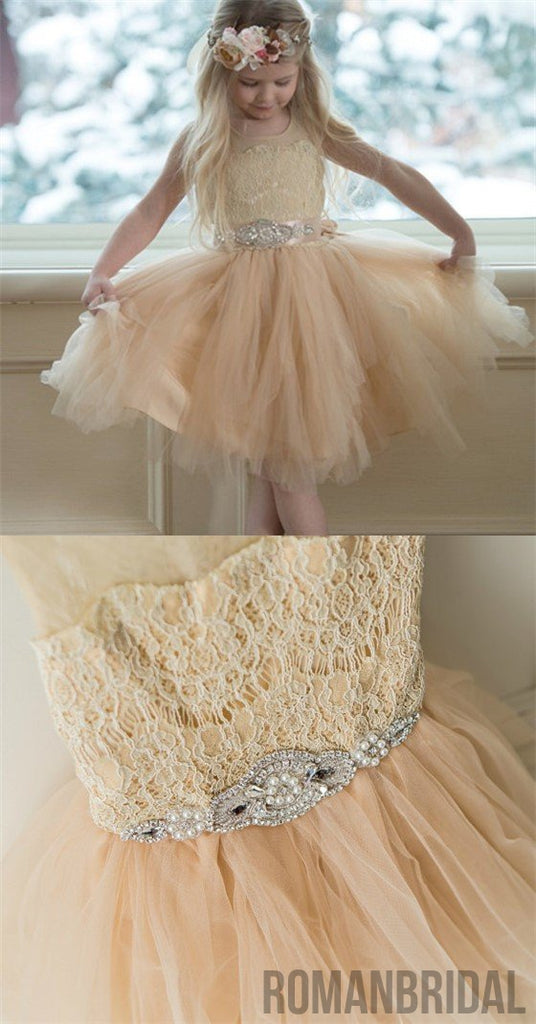 Illusion Lace Top Tulle Flower Girl Dresses, Popular Little Girl Dresses with rhinestone Belt, FG033