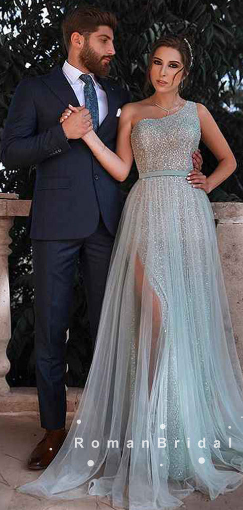 A-Line One Shoulder Tulle Beaded Long Prom Dresses With Sash,RBPD0024