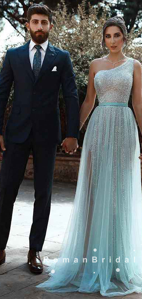 A-Line One Shoulder Tulle Beaded Long Prom Dresses With Sash,RBPD0024