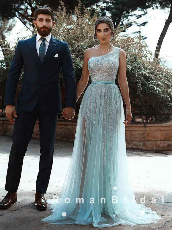 A-Line One Shoulder Tulle Beaded Long Prom Dresses With Sash,RBPD0024