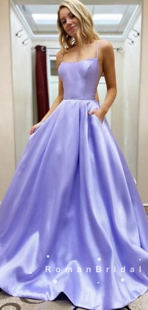 Simple A-Line Spaghetti Straps Satin Cheap Long Prom Dresses Online,RBPD0028