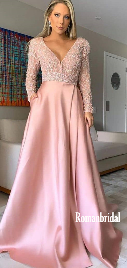 Simple A-Line V-Neck Pink Cheap Long Prom Dresses,RBPD0111