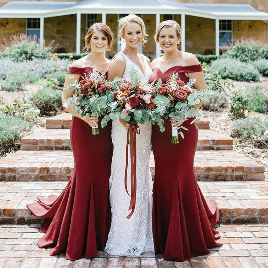 Mermaid Off Shoulder Burgundy Simple Cheap Bridesmaid Dresses With Train, BD0102