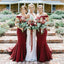 Mermaid Off Shoulder Burgundy Simple Cheap Bridesmaid Dresses With Train, BD0102