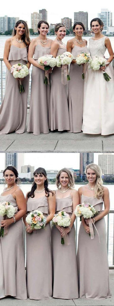 A-line Floor-length Spaghetti Straps Grey Chiffon Bridesmaid Dress with Ruffles, BD0502