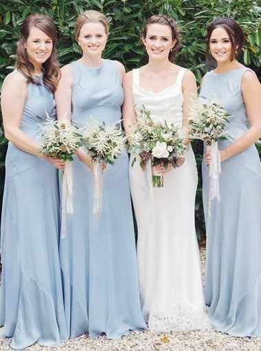 A-Line Round Neck Sleeveless Light Blue Satin Simple Cheap Bridesmaid Dress, BD0507