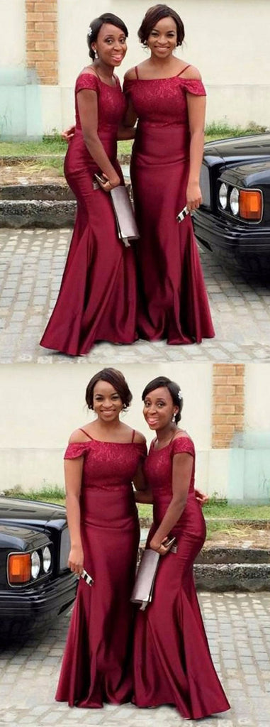 Mermaid Spaghetti Lace Off Shoulder Wedding party dresses, long Bridesmaid Dress, BD0508